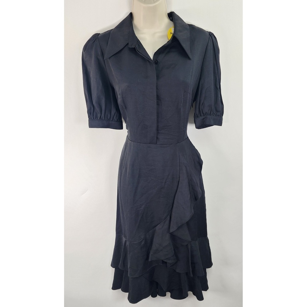 Nocturne Button Front Ruffle Dress Women's 6 Black Puff Sleeve Shirtdress
